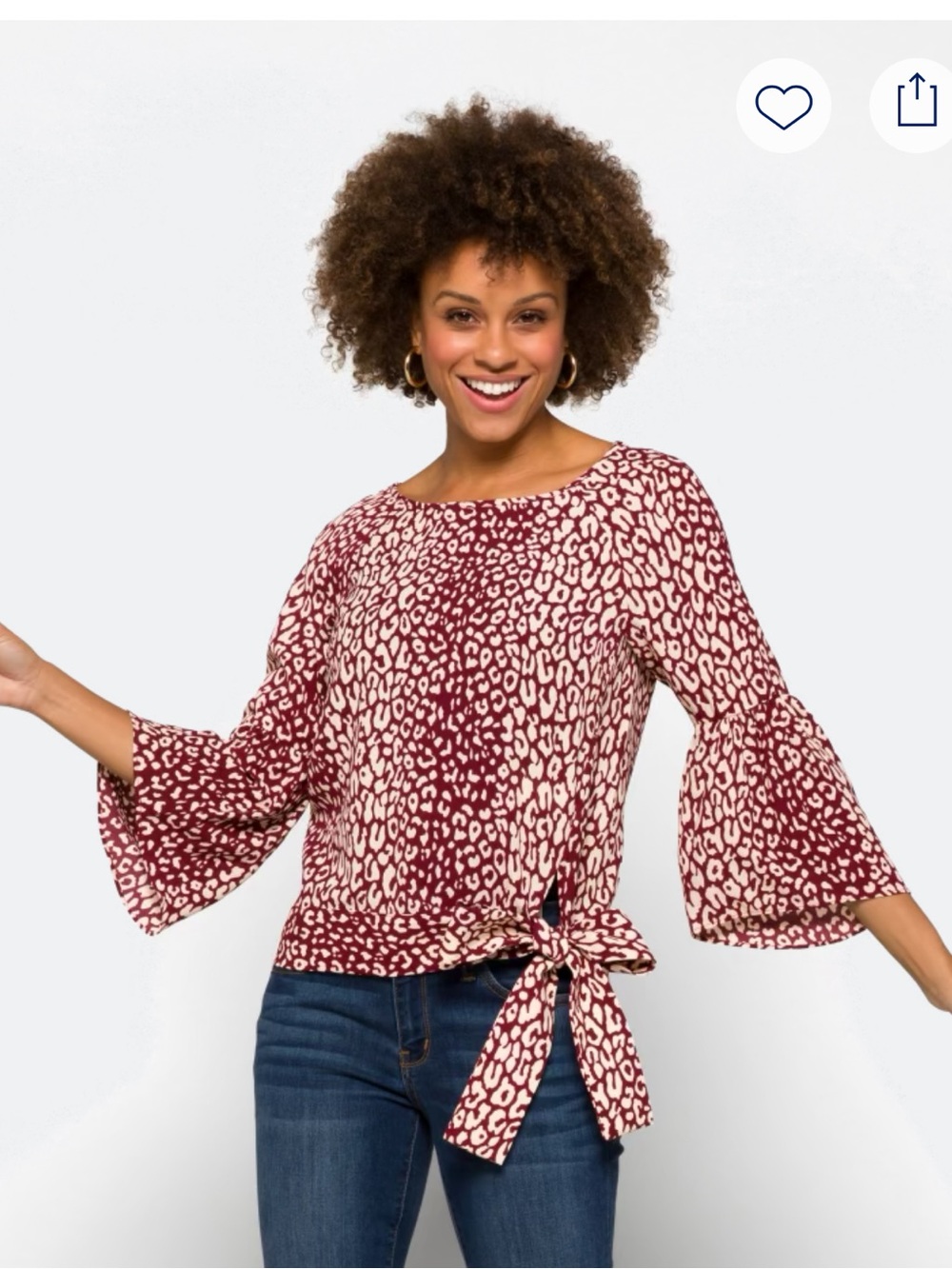 Michael Kors Sweetheart Tie Front Blouse Medium Ruby Leopard Bell Sleeve NWT